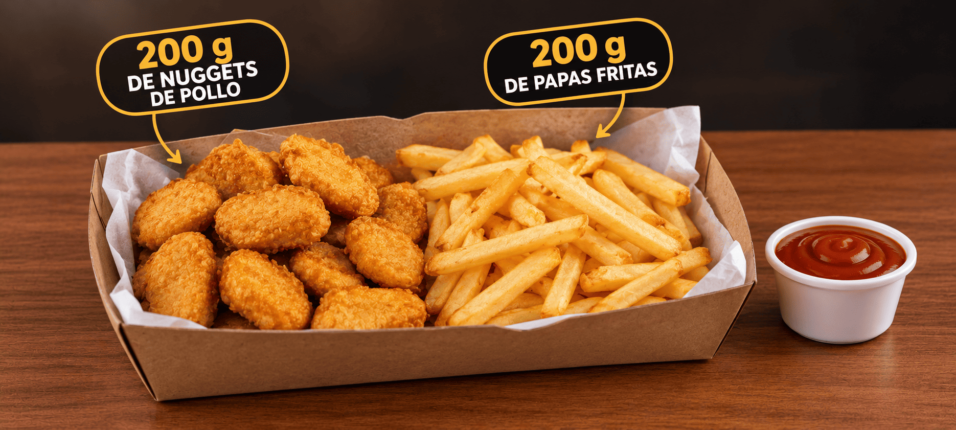 NUGGETS DE POLLO (200 g de pollo + 200 g de papas + salsa de tomate)